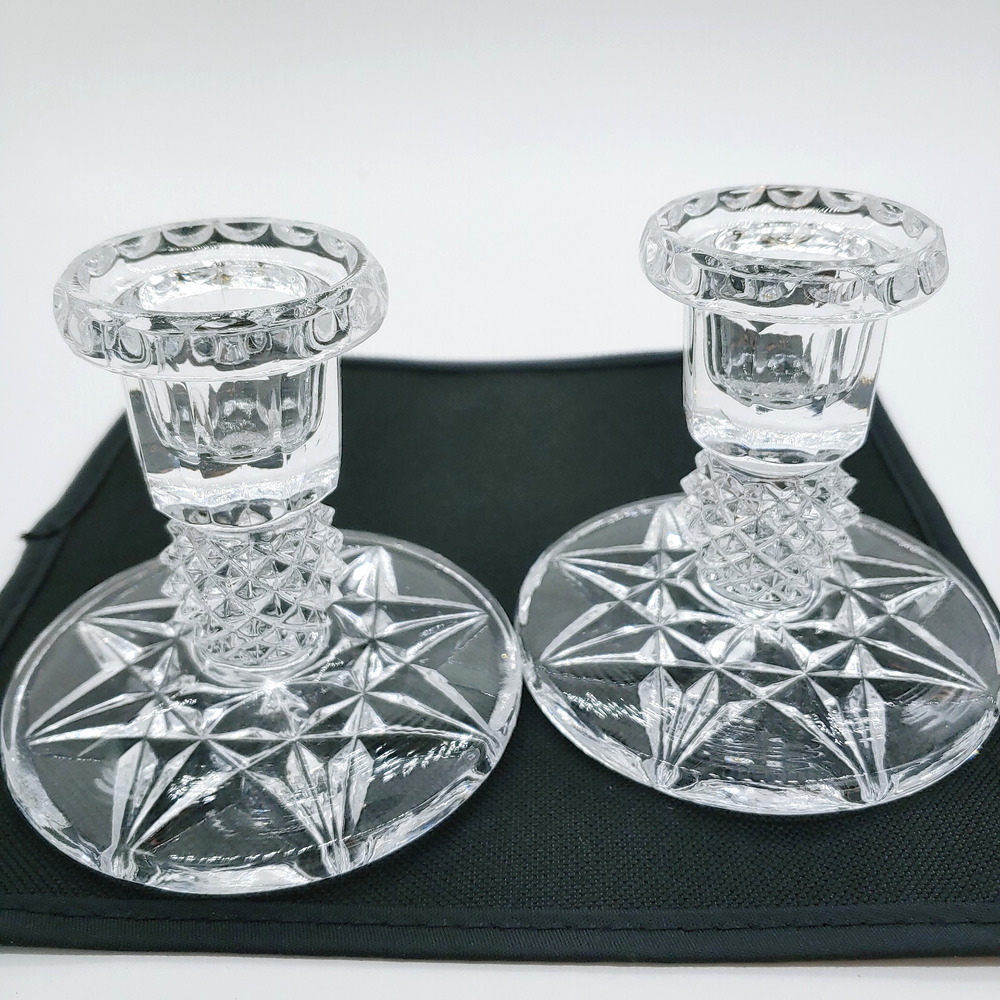 Vintage Cut Crystal Candlesticks Pair, Star Base, Taper Candle Holders 3.25 in.